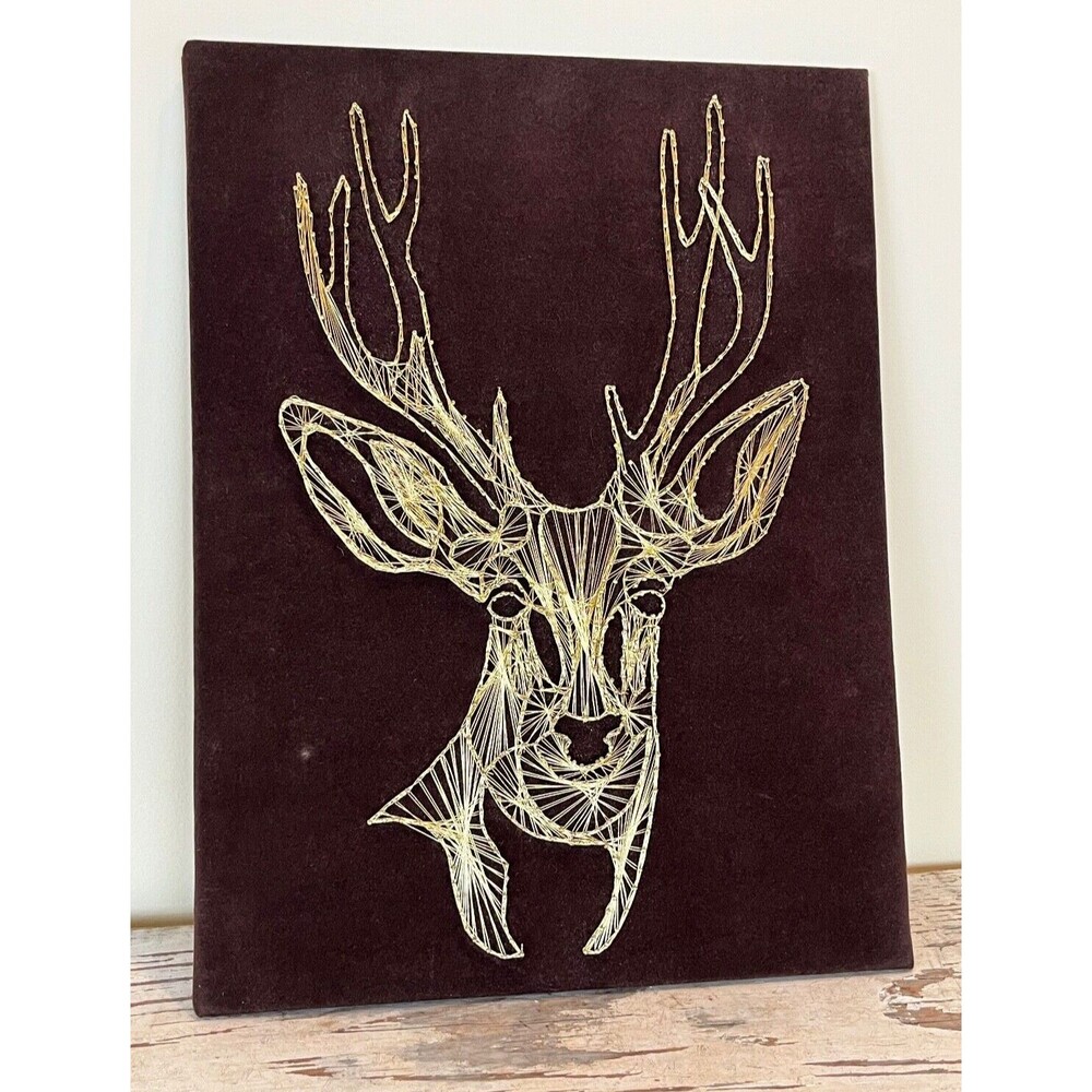 Vintage MCM Gold Deer Buck Wire Metallic String Pin Nail Wall Art On Velvet